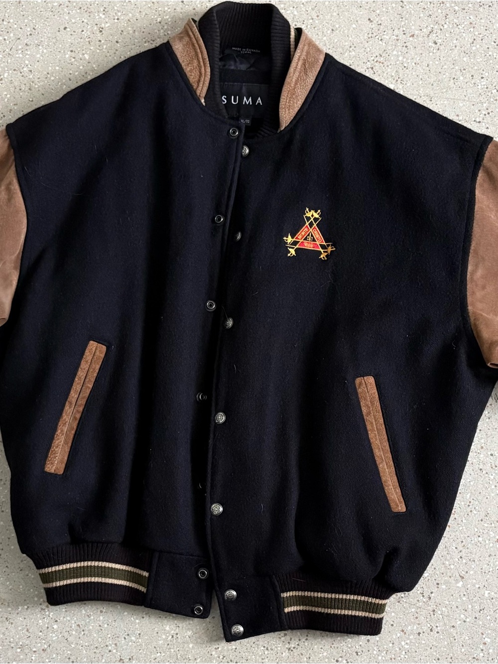 1990’s Men’s SUMAC XL Wool Suede Varsity Bomber Jacket Monte Oratorio Crest